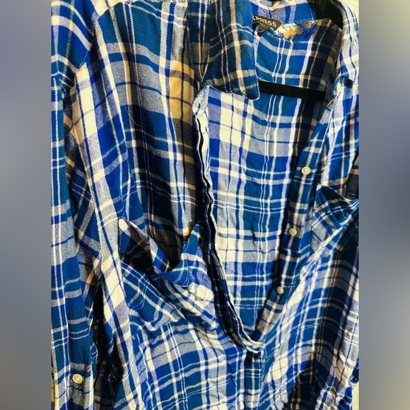 Express women’s oversized super soft boyfriend flannel size large blue plaid - Picture 3 of 7